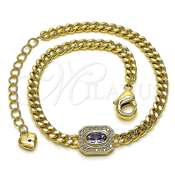 Gold Filled Bracelet — Fancy Bracelet Miami Cuban Design with Amethyst Cubic — alternate product view — SKU 150466 | Oro Laminado brazalete — elegante Bracelet Miami Cuban diseño with Amethyst Cubic — SKU 150466