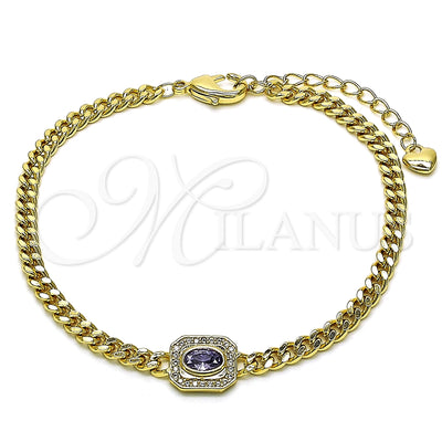 Oro Laminado Fancy Bracelet, Gold Filled Style Miami Cuban Design, with Amethyst Cubic Zirconia and White Micro for wholesale, main product view