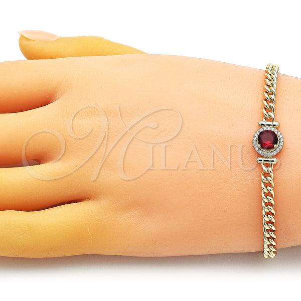Oro Laminado Fancy Bracelet, Gold Filled Style with Garnet Cubic Zirconia and White Micro Pave, Polished, Golden Finish, 03.213.0177.5.07 (04 MM Thickness, 7 Inches Length)