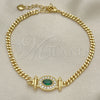Oro Laminado Fancy Bracelet, Gold Filled Style Miami Cuban Design, with Green Cubic Zirconia and White Micro Pave, Polished, Golden Finish, 03.213.0178.1.07