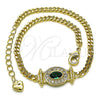 Oro Laminado Fancy Bracelet, Gold Filled Style Miami Cuban Design, with Green Cubic Zirconia and White Micro Pave, Polished, Golden Finish, 03.213.0178.1.07 (03 MM Thickness, 7 Inches Length)