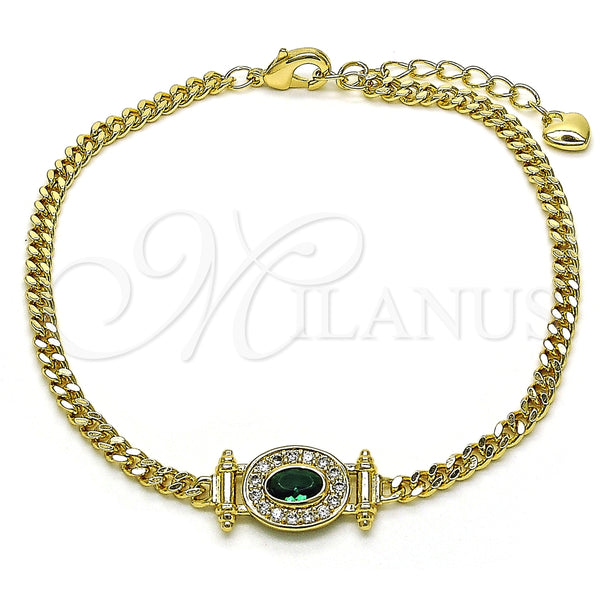 Oro Laminado Fancy Bracelet, Gold Filled Style Miami Cuban Design, with Green Cubic Zirconia and White Micro Pave, Polished, Golden Finish, 03.213.0178.1.07 (03 MM Thickness, 7 Inches Length)