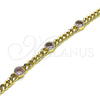 Oro Laminado Fancy Bracelet, Gold Filled Style Miami Cuban Design, with Pink Cubic Zirconia, Polished, Golden Finish, 03.213.0167.3.07 (04 MM Thickness, 7 Inches Length)