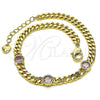 Oro Laminado Fancy Bracelet, Gold Filled Style Miami Cuban Design, with Pink Cubic Zirconia, Polished, Golden Finish, 03.213.0167.3.07 (04 MM Thickness, 7 Inches Length)