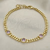 Oro Laminado Fancy Bracelet, Gold Filled Style Miami Cuban Design, with Pink Cubic Zirconia, Polished, Golden Finish, 03.213.0167.3.07 (04 MM Thickness, 7 Inches Length)