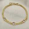 Oro Laminado Fancy Bracelet, Gold Filled Style Miami Cuban Design, with Pink Cubic Zirconia, Polished, Golden Finish, 03.213.0167.3.07 (04 MM Thickness, 7 Inches Length)