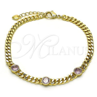 Oro Laminado Fancy Bracelet, Gold Filled Style Miami Cuban Design, with Pink Cubic Zirconia, Polished, Golden for wholesale, main product view