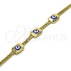 Oro Laminado Fancy Bracelet, Gold Filled Style Evil Eye and Miami Cuban Design, Blue Enamel Finish, Golden Finish, 03.213.0181.07 (04 MM Thickness, 7 Inches Length)