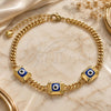 Oro Laminado Fancy Bracelet, Gold Filled Style Evil Eye and Miami Cuban Design, Blue Enamel Finish, Golden Finish, 03.213.0181.07 (04 MM Thickness, 7 Inches Length)