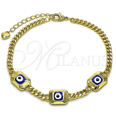 Oro Laminado Fancy Bracelet, Gold Filled Style Evil Eye and Miami Cuban Design, Blue Enamel Finish, Golden Finish, 03.213.0181.07 (04 MM Thickness, 7 Inches Length)