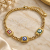 Oro Laminado Fancy Bracelet, Gold Filled Style Evil Eye and Miami Cuban Design, Multicolor Enamel Finish, Golden Finish, 03.213.0181.1.07 (04 MM Thickness, 7 Inches Length)