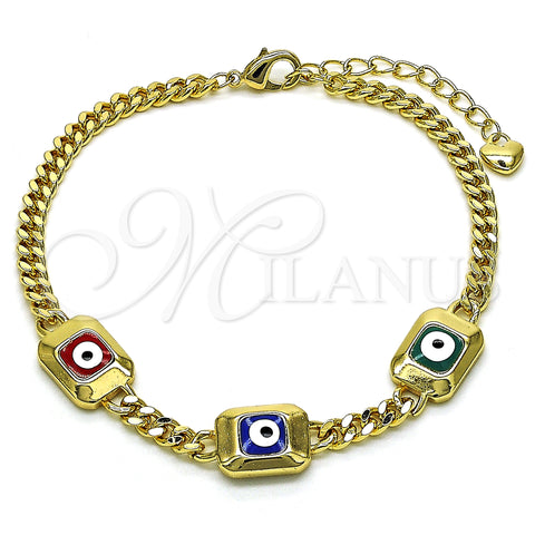 Oro Laminado Fancy Bracelet, Gold Filled Style Evil Eye and Miami Cuban Design, Multicolor Enamel Finish, Golden Finish, 03.213.0181.1.07 (04 MM Thickness, 7 Inches Length)