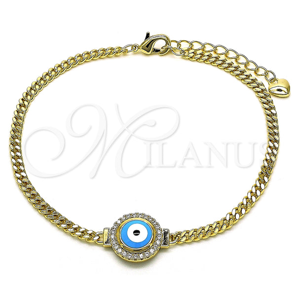 Oro Laminado Fancy Bracelet, Gold Filled Style Evil Eye and Miami Cuban Design, with White Micro Pave, Turquoise Enamel Finish, Golden Finish, 03.213.0182.2.07 (03 MM Thickness, 7 Inches Length)