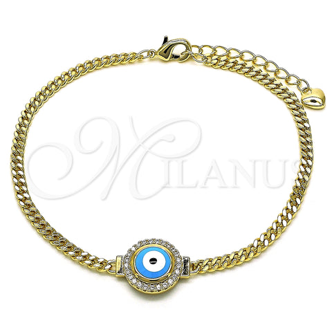 Oro Laminado Fancy Bracelet, Gold Filled Style Evil Eye and Miami Cuban Design, with White Micro Pave, Turquoise Enamel Finish, Golden Finish, 03.213.0182.2.07 (03 MM Thickness, 7 Inches Length)