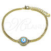 Oro Laminado Fancy Bracelet, Gold Filled Style Evil Eye and Miami Cuban Design, with White Micro Pave, Turquoise Enamel Finish, Golden Finish, 03.213.0182.2.07 (03 MM Thickness, 7 Inches Length)