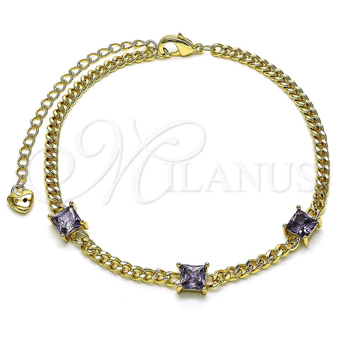 Oro Laminado Fancy Bracelet, Gold Filled Style Miami Cuban Design, with Amethyst Cubic Zirconia, Polished, Golden Finish, 03.213.0163.1.07 (03 MM Thickness, 7 Inches Length)
