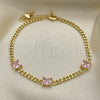 Oro Laminado Fancy Bracelet, Gold Filled Style Miami Cuban Design, with Pink Cubic Zirconia, Polished, Golden Finish, 03.213.0163.5.07