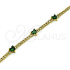 Oro Laminado Fancy Bracelet, Gold Filled Style Heart and Miami Cuban Design, with Green Cubic Zirconia, Polished, Golden Finish, 03.213.0184.2.07 (03 MM Thickness, 7 Inches Length)
