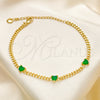 Oro Laminado Fancy Bracelet, Gold Filled Style Heart and Miami Cuban Design, with Green Cubic Zirconia, Polished, Golden Finish, 03.213.0184.2.07 (03 MM Thickness, 7 Inches Length)