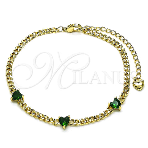 Oro Laminado Fancy Bracelet, Gold Filled Style Heart and Miami Cuban Design, with Green Cubic Zirconia, Polished, Golden Finish, 03.213.0184.2.07 (03 MM Thickness, 7 Inches Length)