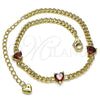 Oro Laminado Fancy Bracelet, Gold Filled Style Heart and Miami Cuban Design, with Garnet Cubic Zirconia, Polished, Golden Finish, 03.213.0184.5.07 (03 MM Thickness, 7 Inches Length)
