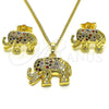 Oro Laminado Earring and Pendant Adult Set, Gold Filled Style Elephant Design, with Multicolor and Black Micro Pave, Polished, Golden Finish, 10.284.0026.1
