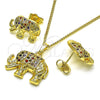 Oro Laminado Earring and Pendant Adult Set, Gold Filled Style Elephant Design, with Multicolor and Black Micro Pave, Polished, Golden Finish, 10.284.0026.1