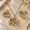 Oro Laminado Earring and Pendant Adult Set, Gold Filled Style Elephant Design, with Multicolor and Black Micro Pave, Polished, Golden Finish, 10.284.0026.1
