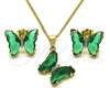 Oro Laminado Earring and Pendant Adult Set, Gold Filled Style Butterfly Design, with White Micro Pave and Emerald Crystal, Polished, Golden Finish, 10.284.0024.4