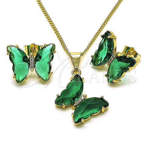 Oro Laminado Earring and Pendant Adult Set, Gold Filled Style Butterfly Design, with White Micro Pave and Emerald Crystal, Polished, Golden Finish, 10.284.0024.4