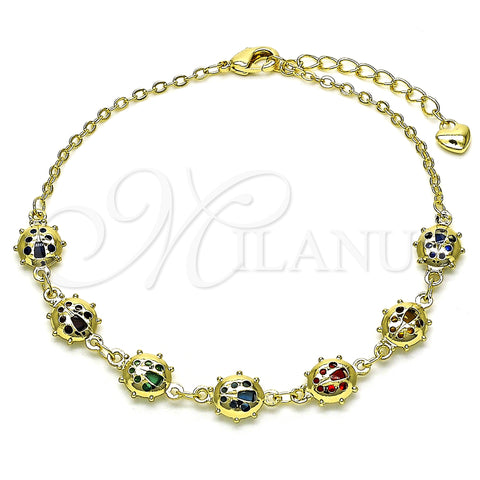 Oro Laminado Fancy Bracelet, Gold Filled Style Ladybug and Rolo Design, with Multicolor Cubic Zirconia, Polished, Golden Finish, 03.213.0195.07 (02 MM Thickness, 7 Inches Length)