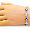 Oro Laminado Fancy Bracelet, Gold Filled Style Evil Eye and San Judas Design, Blue Enamel Finish, Golden Finish, 03.213.0199.07 (08 MM Thickness, 7 Inches Length)