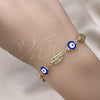 Oro Laminado Fancy Bracelet, Gold Filled Style Evil Eye and San Judas Design, Blue Enamel Finish, Golden Finish, 03.213.0199.07 (08 MM Thickness, 7 Inches Length)
