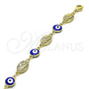 Oro Laminado Fancy Bracelet, Gold Filled Style Evil Eye and San Judas Design, Blue Enamel Finish, Golden Finish, 03.213.0199.07 (08 MM Thickness, 7 Inches Length)