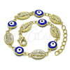 Oro Laminado Fancy Bracelet, Gold Filled Style Evil Eye and San Judas Design, Blue Enamel Finish, Golden Finish, 03.213.0199.07 (08 MM Thickness, 7 Inches Length)