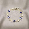 Oro Laminado Fancy Bracelet, Gold Filled Style Evil Eye and San Judas Design, Blue Enamel Finish, Golden Finish, 03.213.0199.07 (08 MM Thickness, 7 Inches Length)