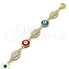 Oro Laminado Fancy Bracelet, Gold Filled Style Evil Eye and San Judas Design, Multicolor Enamel Finish, Golden Finish, 03.213.0199.1.07 (08 MM Thickness, 7 Inches Length)
