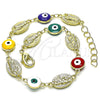 Oro Laminado Fancy Bracelet, Gold Filled Style Evil Eye and San Judas Design, Multicolor Enamel Finish, Golden Finish, 03.213.0199.1.07 (08 MM Thickness, 7 Inches Length)
