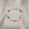 Oro Laminado Fancy Bracelet, Gold Filled Style Evil Eye and San Judas Design, Multicolor Enamel Finish, Golden Finish, 03.213.0199.1.07 (08 MM Thickness, 7 Inches Length)