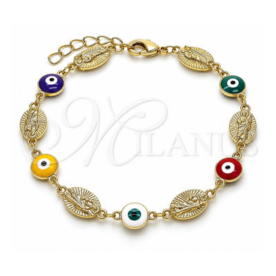 Oro Laminado Fancy Bracelet, Gold Filled Style Evil Eye and San Judas Design, Multicolor Enamel Finish, Golden Finish, 03.213.0199.1.07 (08 MM Thickness, 7 Inches Length)