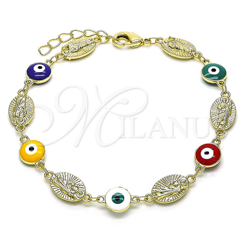 Oro Laminado Fancy Bracelet, Gold Filled Style Evil Eye and San Judas Design, Multicolor Enamel Finish, Golden Finish, 03.213.0199.1.07 (08 MM Thickness, 7 Inches Length)