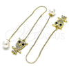 Oro Laminado Threader Earring, Gold Filled Style Owl Design, with Black and White Micro Pave, Polished, Golden Finish, 02.210.0812