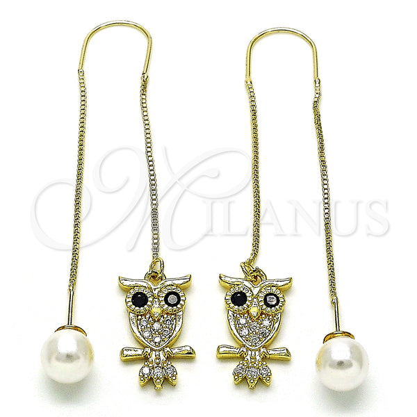 Oro Laminado Threader Earring, Gold Filled Style Owl Design, with Black and White Micro Pave, Polished, Golden Finish, 02.210.0812