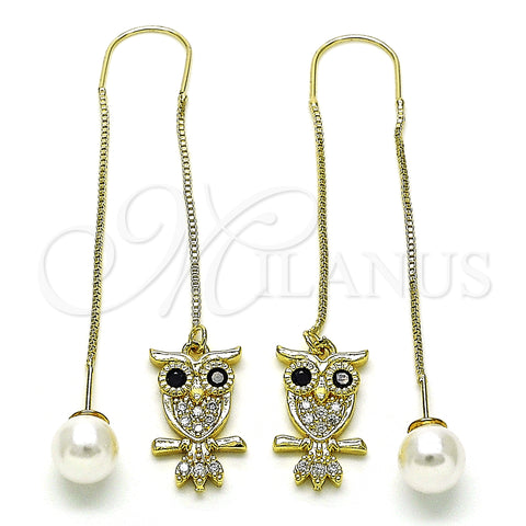 Oro Laminado Threader Earring, Gold Filled Style Owl Design, with Black and White Micro Pave, Polished, Golden Finish, 02.210.0812