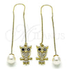 Oro Laminado Threader Earring, Gold Filled Style Owl Design, with Black and White Micro Pave, Polished, Golden Finish, 02.210.0812
