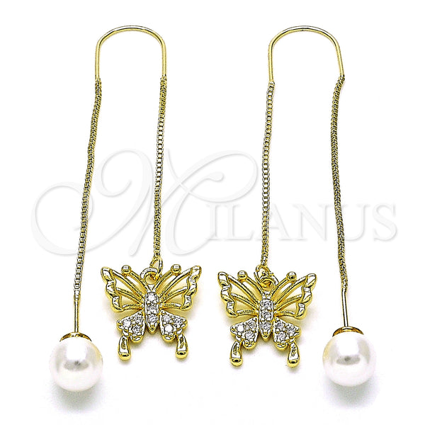 Oro Laminado Threader Earring, Gold Filled Style Butterfly Design, with White Micro Pave, Polished, Golden Finish, 02.210.0813