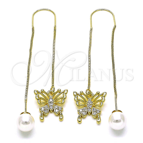 Oro Laminado Threader Earring, Gold Filled Style Butterfly Design, with White Micro Pave, Polished, Golden Finish, 02.210.0813