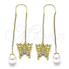 Oro Laminado Threader Earring, Gold Filled Style Butterfly Design, with White Micro Pave, Polished, Golden Finish, 02.210.0813