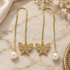 Oro Laminado Threader Earring, Gold Filled Style Butterfly Design, with White Micro Pave, Polished, Golden Finish, 02.210.0815