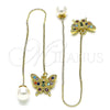 Oro Laminado Threader Earring, Gold Filled Style Butterfly Design, with Multicolor Micro Pave, Polished, Golden Finish, 02.210.0815.1